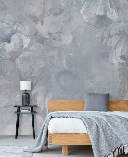 mural de parede floral azul e cinza chamado Evanea II de Loris Drago para quartos e salas de estar