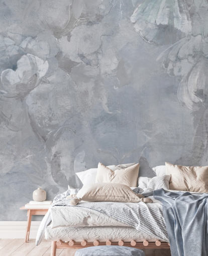 mural de pared floral azul y gris llamado Evanea II de Loris Drago para dormitorios y salas de estar mural de pared floral azul y gris llamado Evanea II de Loris Drago para dormitorios y salas de estar