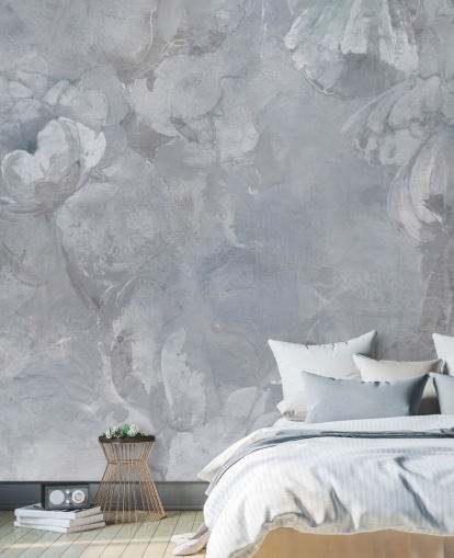 mural de pared floral azul y gris llamado Evanea II de Loris Drago para dormitorios y salas de estar mural de pared floral azul y gris llamado Evanea II de Loris Drago para dormitorios y salas de estar