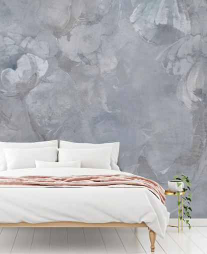murale floreale blu e grigio chiamato Evanea II di Loris Drago per camere da letto e salotti murale floreale blu e grigio chiamato Evanea II di Loris Drago per camere da letto e salotti