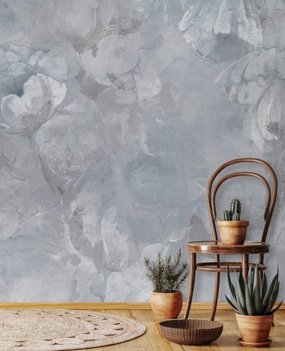 mural de pared floral azul y gris llamado Evanea II de Loris Drago para dormitorios y salas de estar