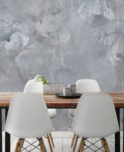 mural de pared floral azul y gris llamado Evanea II de Loris Drago para dormitorios y salas de estar