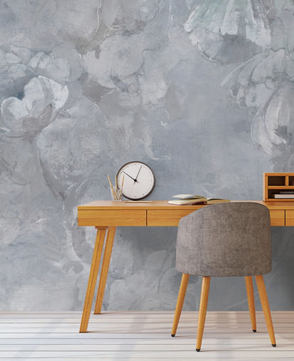 mural de pared floral azul y gris llamado Evanea II de Loris Drago para dormitorios y salas de estar