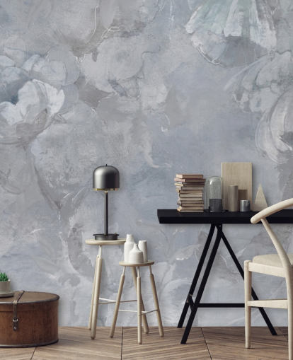fresque murale florale bleue et grise appelée Evanea II de Loris Drago pour les chambres et les salons