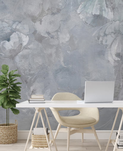 blue and gray floral wall mural called Evanea II by Loris Drago for bedrooms and living rooms