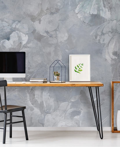 mural de pared floral azul y gris llamado Evanea II de Loris Drago para dormitorios y salas de estar