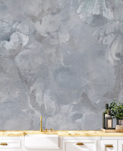 fresque murale florale bleue et grise appelée Evanea II de Loris Drago pour les chambres et les salons