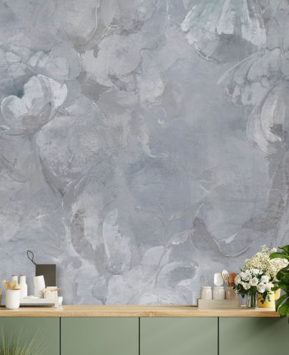 mural de pared floral azul y gris llamado Evanea II de Loris Drago para dormitorios y salas de estar