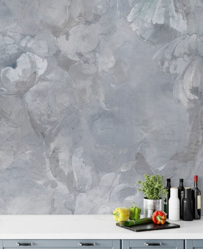 blue and gray floral wall mural called Evanea II by Loris Drago for bedrooms and living rooms
