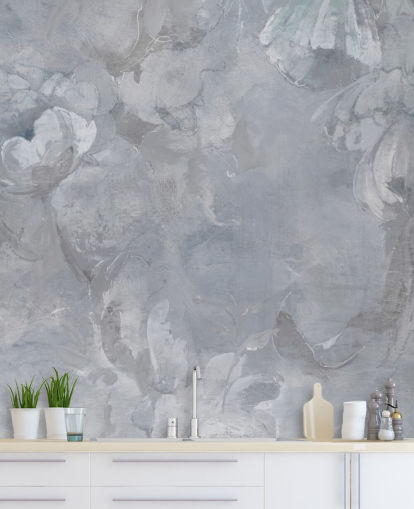 mural de parede floral azul e cinza chamado Evanea II de Loris Drago para quartos e salas de estar