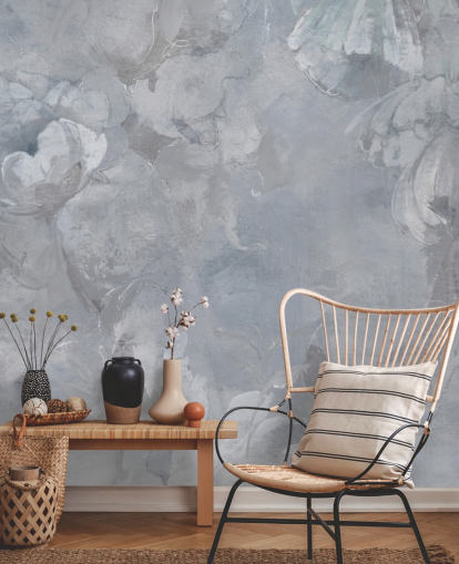 blaues und graues Blumenwandbild namens Evanea II von Loris Drago für Schlafzimmer und Wohnzimmer