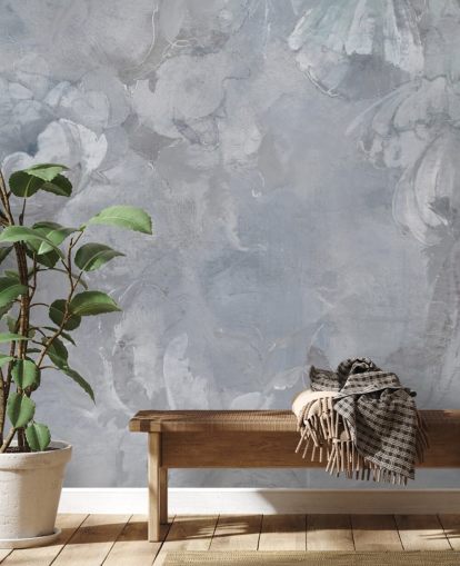 blaues und graues Blumenwandbild namens Evanea II von Loris Drago für Schlafzimmer und Wohnzimmer