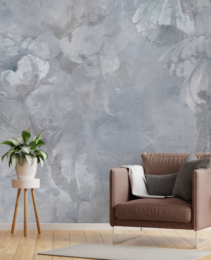 blaues und graues Blumenwandbild namens Evanea II von Loris Drago für Schlafzimmer und Wohnzimmer