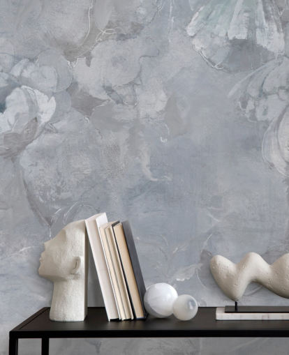 fresque murale florale bleue et grise appelée Evanea II de Loris Drago pour les chambres et les salons fresque murale florale bleue et grise appelée Evanea II de Loris Drago pour les chambres et les salons