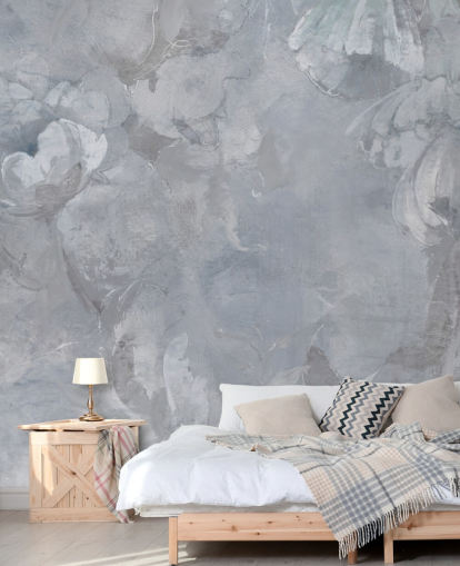 murale floreale blu e grigio chiamato Evanea II di Loris Drago per camere da letto e salotti