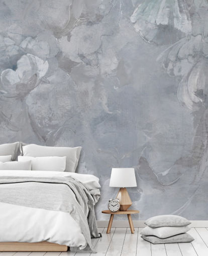 mural de pared floral azul y gris llamado Evanea II de Loris Drago para dormitorios y salas de estar mural de pared floral azul y gris llamado Evanea II de Loris Drago para dormitorios y salas de estar