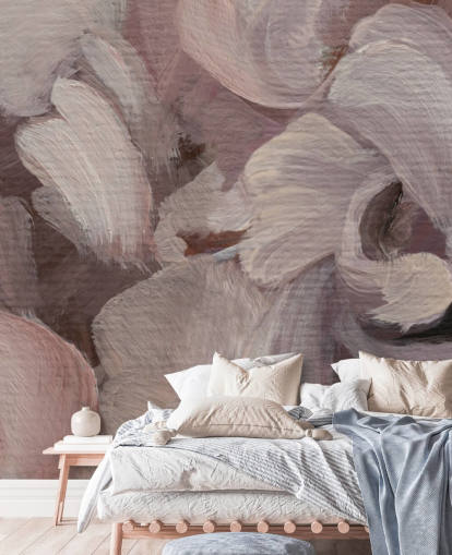 peinture murale abstraite personnalisée rose et violette appelée Fluence par Loris Drago pour les chambres