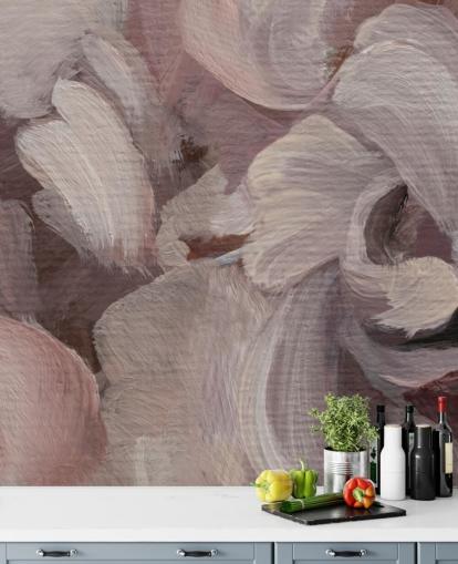 roze en paarse abstracte muurschildering op maat genaamd Fluence van Loris Drago voor slaapkamers