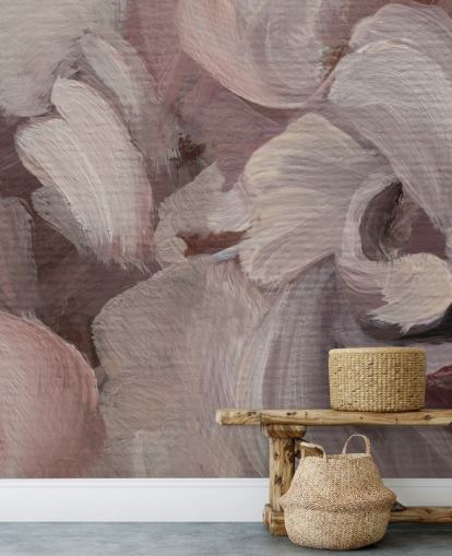 murale astratto personalizzato rosa e viola chiamato Fluence di Loris Drago per camere da letto