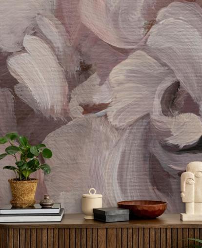 roze en paarse abstracte muurschildering op maat genaamd Fluence van Loris Drago voor slaapkamers