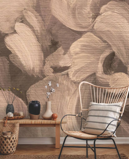 murale astratto personalizzabile color seppia chiamato Fluence II di Loris Drago per sale da pranzo e uffici domestici