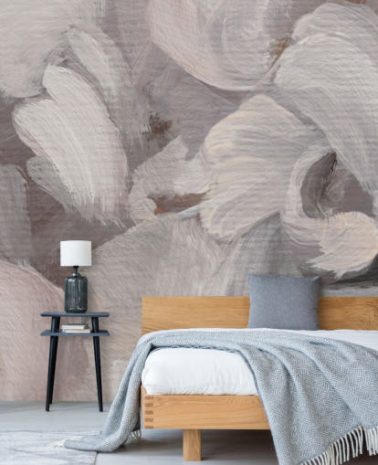 weißes und lila abstraktes Wandbild namens Fluence III von Loris Drago für Schlafzimmer und Wohnzimmer