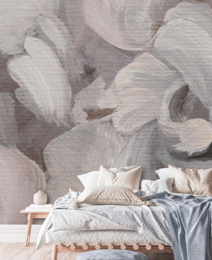 weißes und lila abstraktes Wandbild namens Fluence III von Loris Drago für Schlafzimmer und Wohnzimmer