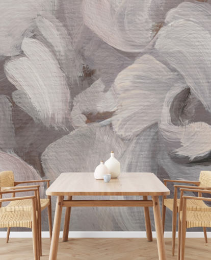 witte en paarse abstracte muurschildering genaamd Fluence III van Loris Drago voor slaapkamers en woonkamers