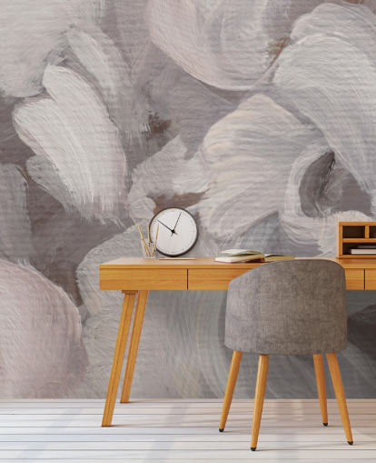 weißes und lila abstraktes Wandbild namens Fluence III von Loris Drago für Schlafzimmer und Wohnzimmer