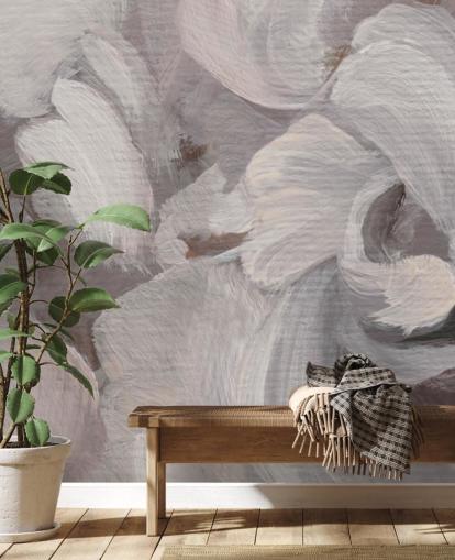 white and purple abstract mural called Fluence III by Loris Drago for bedrooms and living rooms