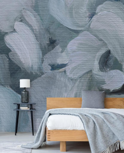 blauwe aanpasbare abstracte bloemenmuurschildering genaamd Fluence IV van Loris Drago voor slaapkamers, badkamers en keukens blauwe aanpasbare abstracte bloemenmuurschildering genaamd Fluence IV van Loris Drago voor slaapkamers, badkamers en keukens