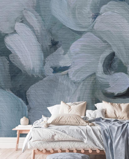 blaues, personalisierbares abstraktes Blumengemälde namens Fluence IV von Loris Drago für Schlafzimmer, Badezimmer und Küchen blaues, personalisierbares abstraktes Blumengemälde namens Fluence IV von Loris Drago für Schlafzimmer, Badezimmer und Küchen