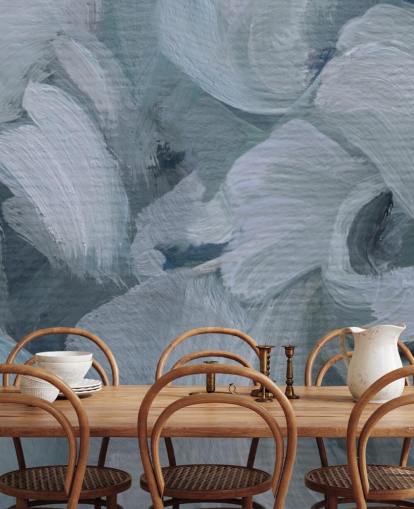 murale floreale astratto blu personalizzabile chiamato Fluence IV di Loris Drago per camere da letto, bagni e cucine