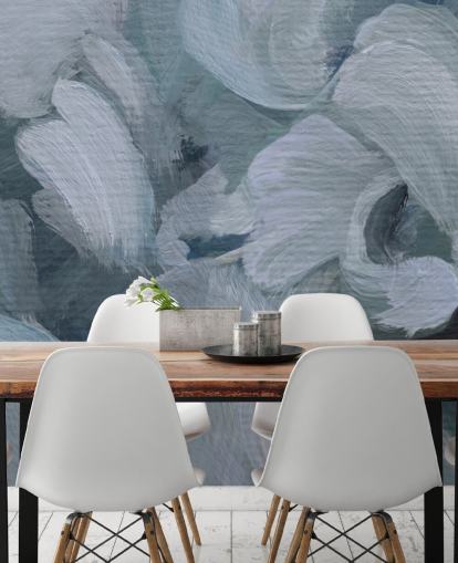 peinture murale florale abstraite bleue personnalisable appelée Fluence IV de Loris Drago pour les chambres, les salles de bain et les cuisines