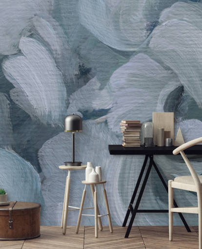 murale floreale astratto blu personalizzabile chiamato Fluence IV di Loris Drago per camere da letto, bagni e cucine