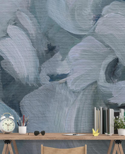 blått tilpassbart abstrakt blomstermaleri kalt Fluence IV av Loris Drago for soverom, bad og kjøkken blått tilpassbart abstrakt blomstermaleri kalt Fluence IV av Loris Drago for soverom, bad og kjøkken