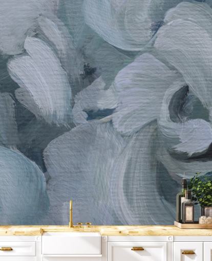 mural floral abstrato personalizável azul chamado Fluence IV de Loris Drago para quartos, banheiros e cozinhas
