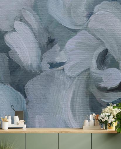 blå anpassningsbar abstrakt blommig väggmålning kallad Fluence IV av Loris Drago för sovrum, badrum och kök