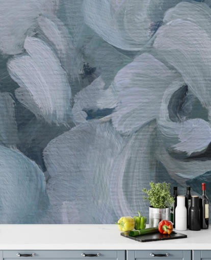 mural floral abstrato personalizável azul chamado Fluence IV de Loris Drago para quartos, banheiros e cozinhas