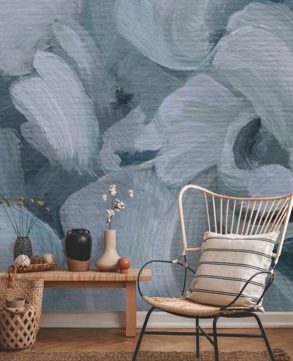 peinture murale florale abstraite bleue personnalisable appelée Fluence IV de Loris Drago pour les chambres, les salles de bain et les cuisines
