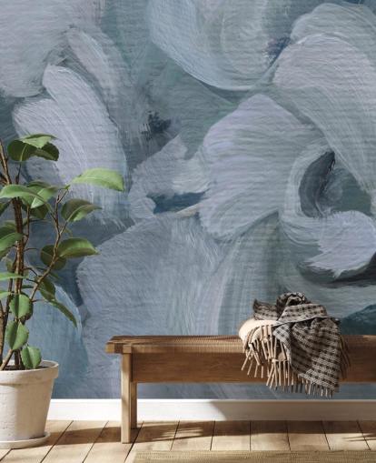 blauwe aanpasbare abstracte bloemenmuurschildering genaamd Fluence IV van Loris Drago voor slaapkamers, badkamers en keukens