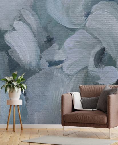 blauwe aanpasbare abstracte bloemenmuurschildering genaamd Fluence IV van Loris Drago voor slaapkamers, badkamers en keukens blauwe aanpasbare abstracte bloemenmuurschildering genaamd Fluence IV van Loris Drago voor slaapkamers, badkamers en keukens