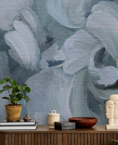 blaues, personalisierbares abstraktes Blumengemälde namens Fluence IV von Loris Drago für Schlafzimmer, Badezimmer und Küchen