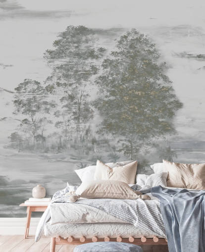 murale paesaggistico grigio personalizzabile chiamato Velaria III di Loris Drago per camere da letto, salotti e corridoi