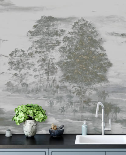 peinture murale paysagère grise personnalisable appelée Velaria III de Loris Drago pour les chambres, les salons et les couloirs