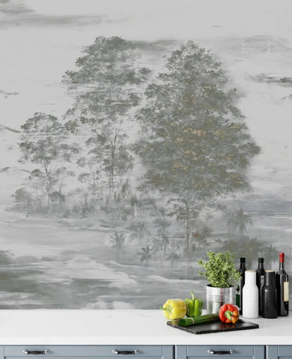 grijze aanpasbare landschapsmuurschildering genaamd Velaria III van Loris Drago voor slaapkamers, woonkamers en gangen