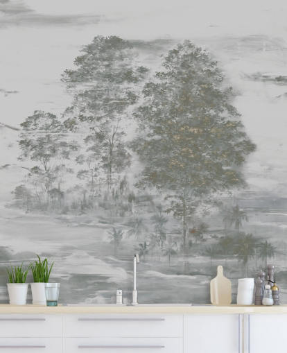 mural de paisaje gris personalizable llamado Velaria III de Loris Drago para dormitorios, salas de estar y pasillos