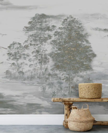 peinture murale paysagère grise personnalisable appelée Velaria III de Loris Drago pour les chambres, les salons et les couloirs