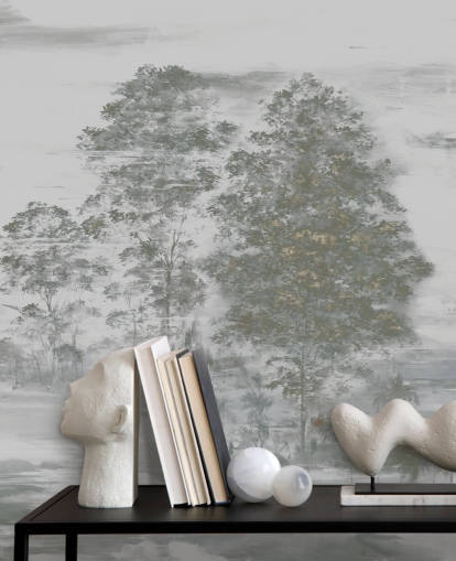 mural de paisaje gris personalizable llamado Velaria III de Loris Drago para dormitorios, salas de estar y pasillos