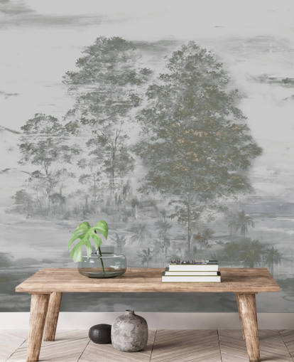 mural de paisaje gris personalizable llamado Velaria III de Loris Drago para dormitorios, salas de estar y pasillos